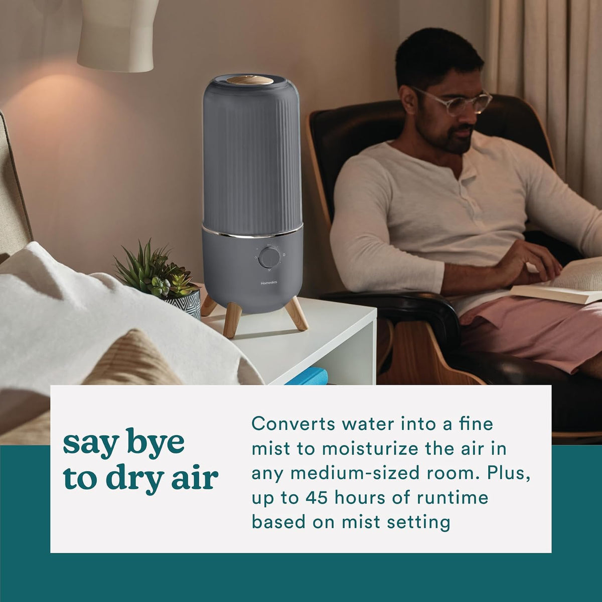 Homedics Ultrasonic Humidifier, Bedrooms and Home Offices, 0.97-Gallon Tank