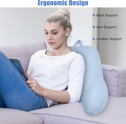 Reading Pillow, Ice Silk Bean Back Pillow for Bed Sitting Up, Adult Back-Rest Support Cushion with Arms for Sit Up on Couch, Sofa, and Floor, Dorm Essentials, Reading Accessories, Blue