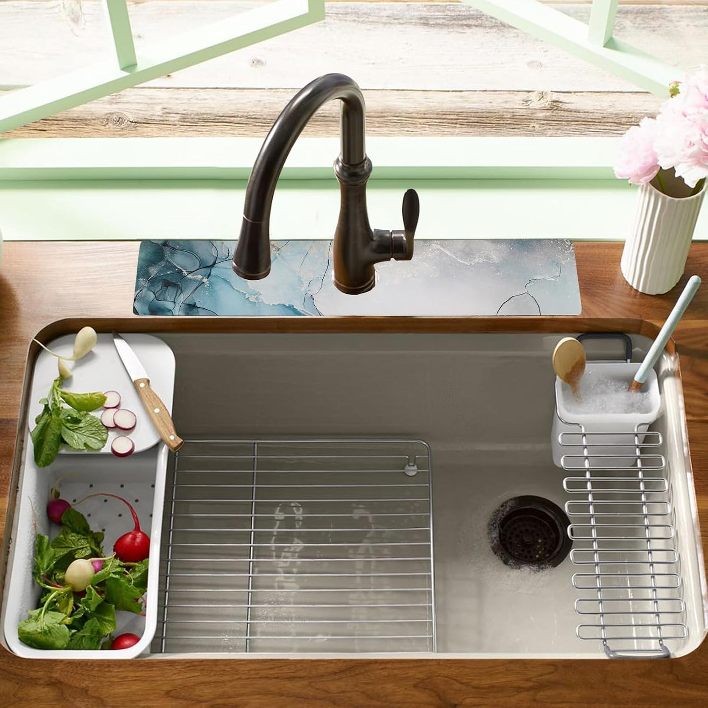 Sink Faucet Absorbing Mat, 2 Pack Drying Mat Around Faucet Sink Splash Guard Behind Faucet Sinkmat For Kitchen Bathroom Island Rv 24 * 5.5 Inch (60 * 14 cm)