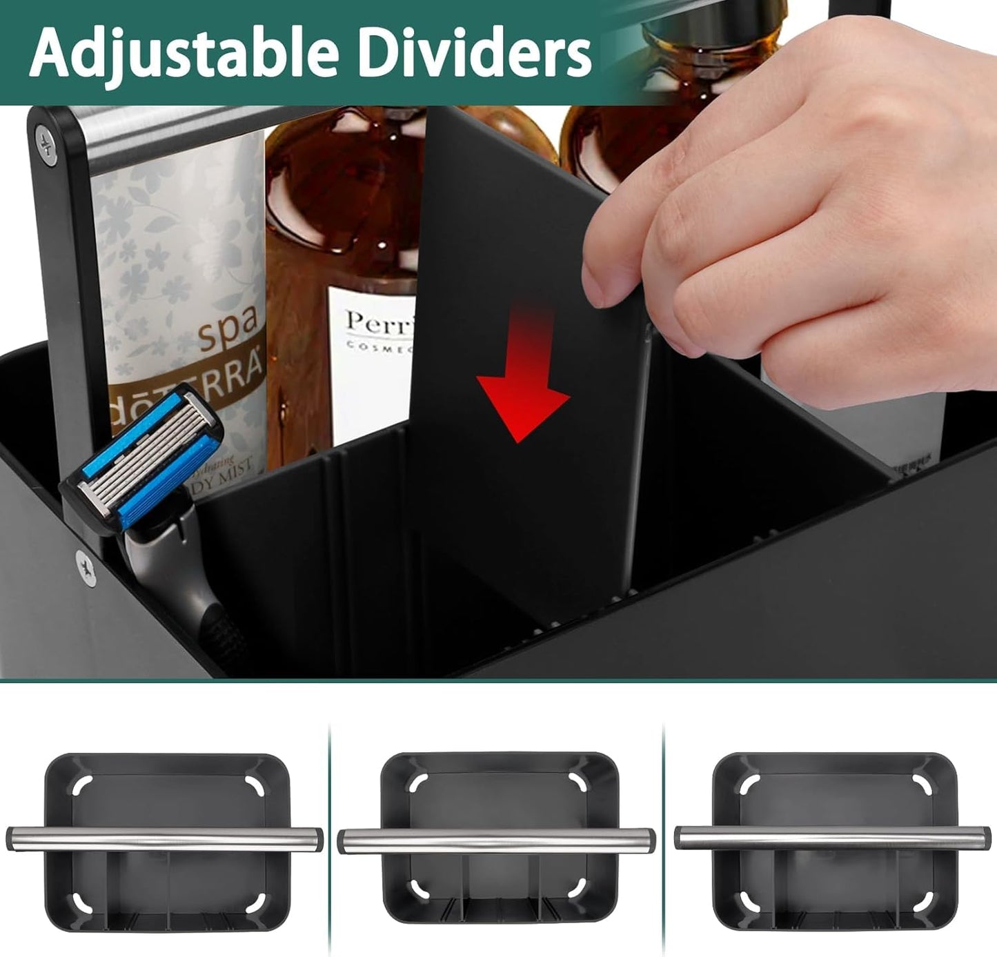 BYUNER Portable Shower Caddy Dorm: Bathroom Caddy Organizer with Handle and Adjustable Dividers,Plastic Shower Basket for Toiletry,Makeup,Vanity,Shower Storage Tote for College, Cleaning Caddy, Black