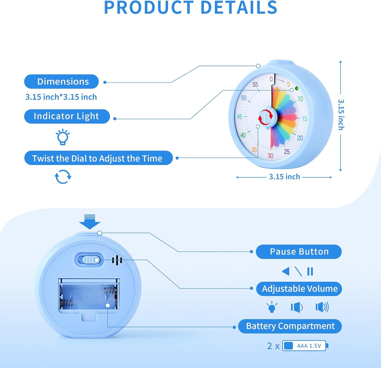 Visual Timer, 60-Minute Countdown Timer for Kids and Adults with Adjustable Volume, Rainbow Design Time Management Tools with Silent Operation, Suitable for Classroom, Office and Home (Blue)