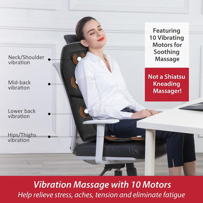 COMFIER Vibration Back Massager with Heat, 10-Motor Massage Seat Cushion for Chair, Graphene Heated Massage Chair Pad for Back, Lumbar & Thighs, 5 Modes, 3 Intensities, Home Office Recliner Gift