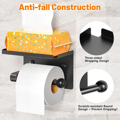 Toilet Paper Holder with Phone Storage Shelf, Matte Black | Wall Mount for Bathroom, No Drill Adhesive or Screw Mount, Rustproof Metal, Fits Mega Rolls