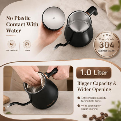 RONGBEST Electric Gooseneck Kettle 1L, 6 Temperature Control Presets, 1200W Quick Heating Water Pour Over Coffee & Tea Pot with Auto Shut-off & Keep-warm, Stainless Steel Inner & Lid, Matte Black