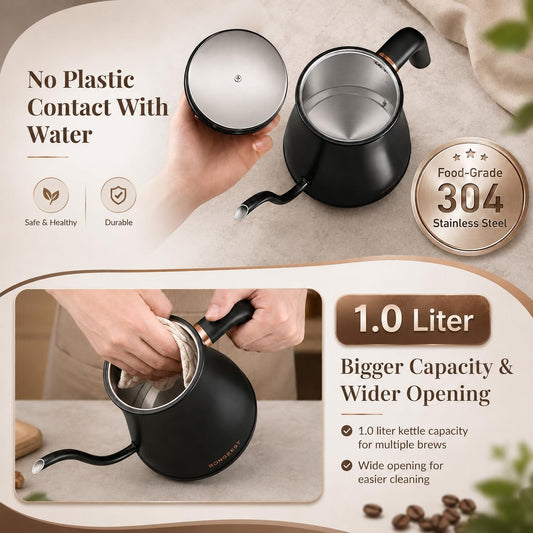 RONGBEST Electric Gooseneck Kettle 1L, 6 Temperature Control Presets, 1200W Quick Heating Water Pour Over Coffee & Tea Pot with Auto Shut-off & Keep-warm, Stainless Steel Inner & Lid, Matte Black