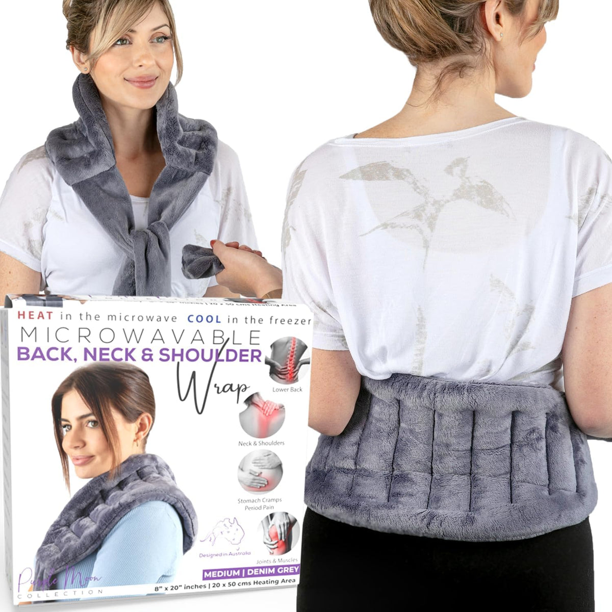 Purple Moon Collection - Microwavable Heating Pad with Straps - Medium, Gray - Reheatable Heat Pack for Back, Neck, Shoulders Pain Relief - Hot/Cold Therapy Body Wrap for Menstrual Cramps