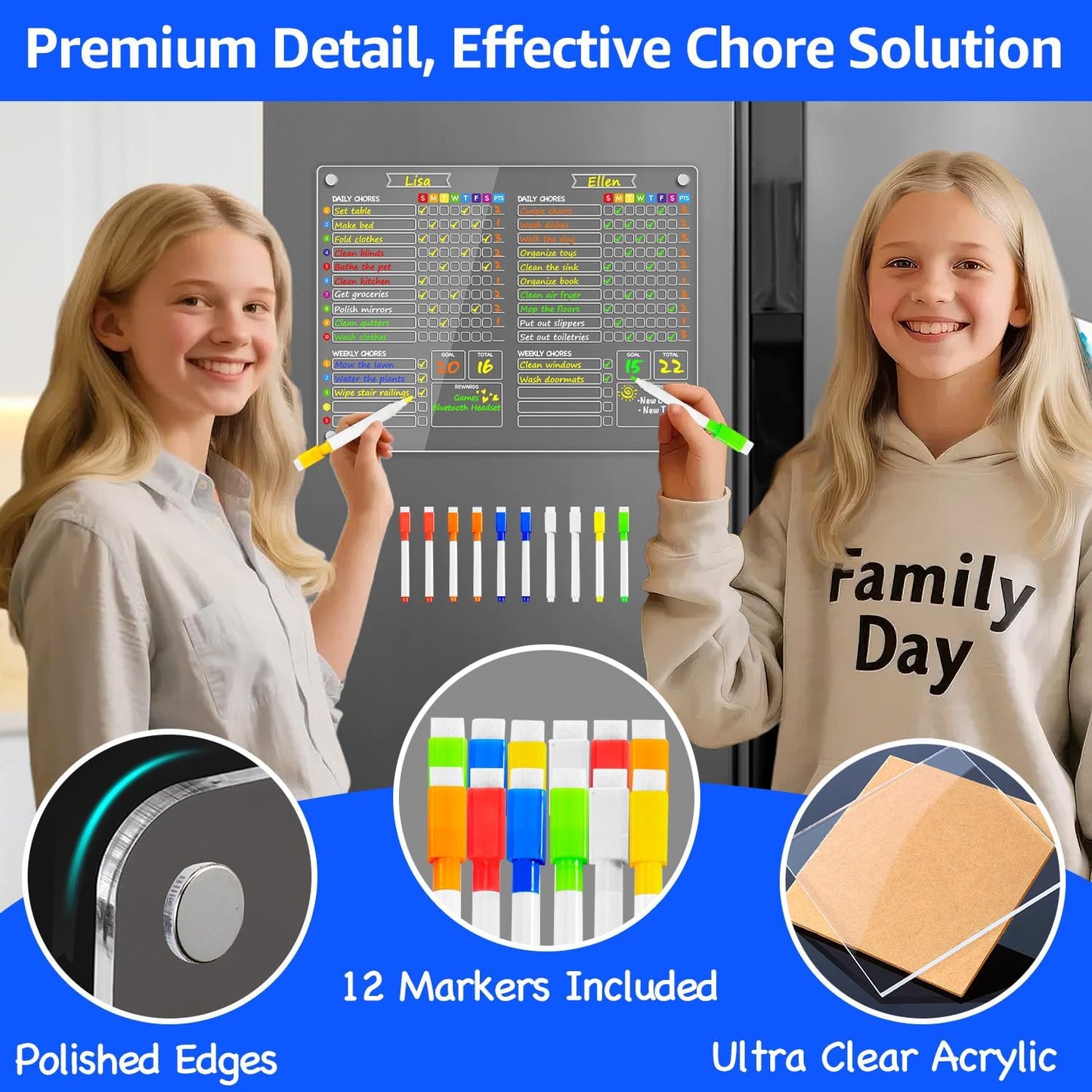 PigPotParty 2-in-1 Acrylic Magnetic Chore Chart for 2 Kids, Large 16x12 in | Clear Dry Erase Fridge Chore Board for Teens, Roommates; Vibrant Layout; Embedded Magnets; 12 Wet-Erase Markers and Towel
