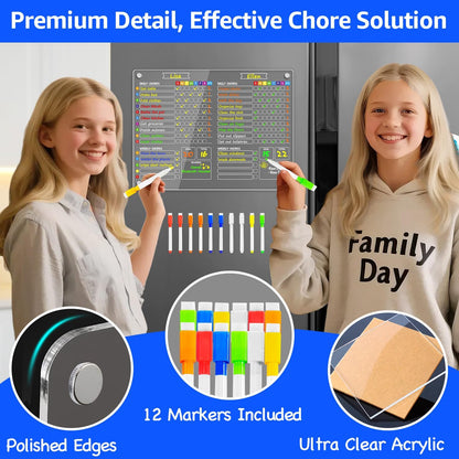 PigPotParty 2-in-1 Acrylic Magnetic Chore Chart for 2 Kids, Large 16x12 in | Clear Dry Erase Fridge Chore Board for Teens, Roommates; Vibrant Layout; Embedded Magnets; 12 Wet-Erase Markers and Towel