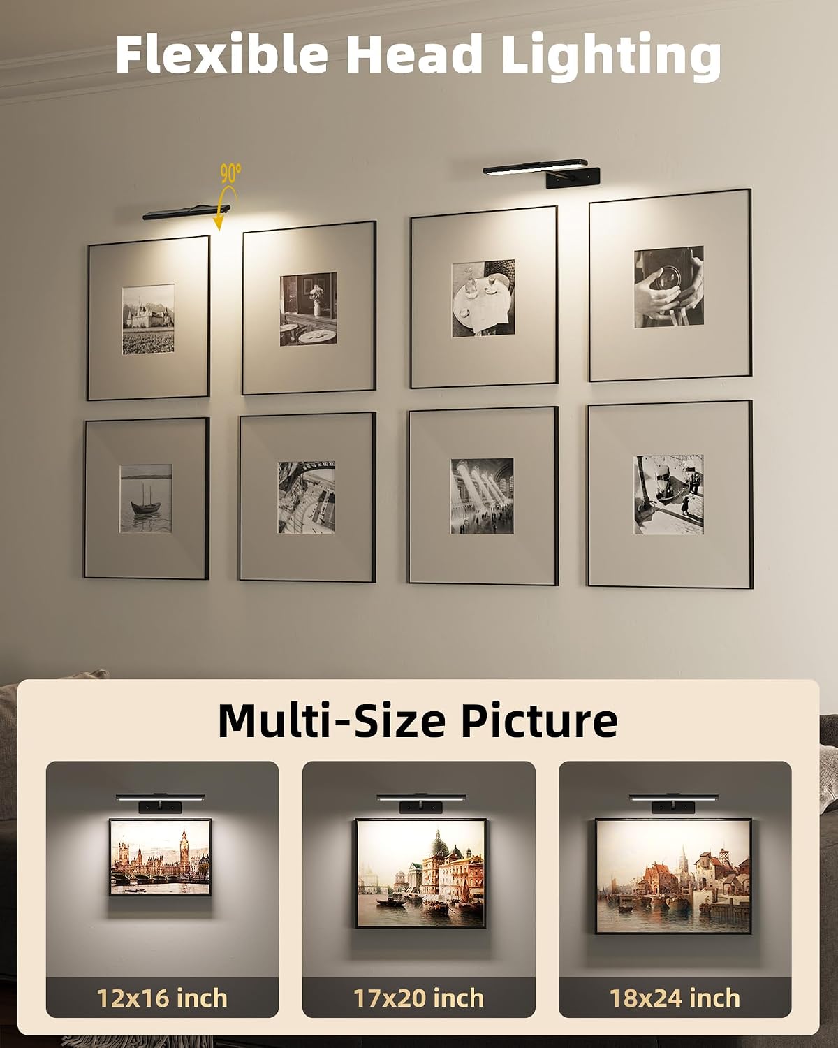 EZVALO Picture Light for Wall, 4800mAh Rechargeable Wireless Gold Light with IR Remote, Dimmable Magnetic LED Art Display Light with 3 Color Temperatures, for Gallery, Living Room, Bedroom(2Pack)