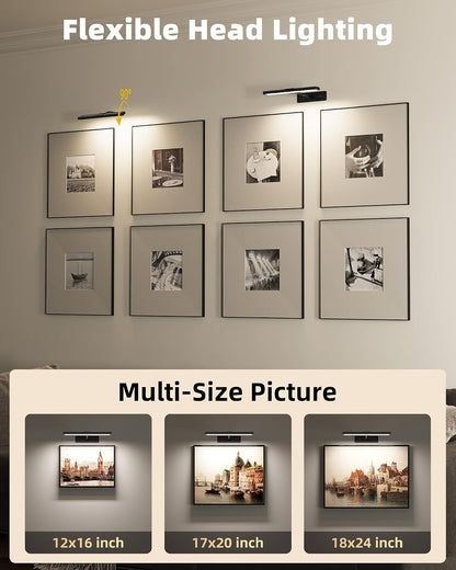 EZVALO Picture Light for Wall, 4800mAh Rechargeable Wireless Gold Light with IR Remote, Dimmable Magnetic LED Art Display Light with 3 Color Temperatures, for Gallery, Living Room, Bedroom(2Pack)