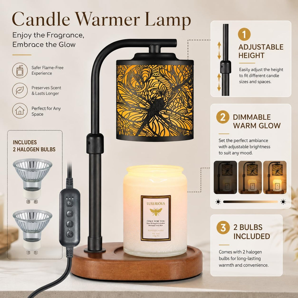 kobodon Candle Warmer Lamp with Timer Dragonfly Electric Candle Lamp Warmer
