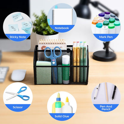 M&G Magnetic Pen Holder Dry Erase Marker Holder, Strong Magnet Metal Mesh Pencil Holder for Whiteboard, Refrigerator and Locker, 3 Compartments Magnetic Basket Organizer, Black