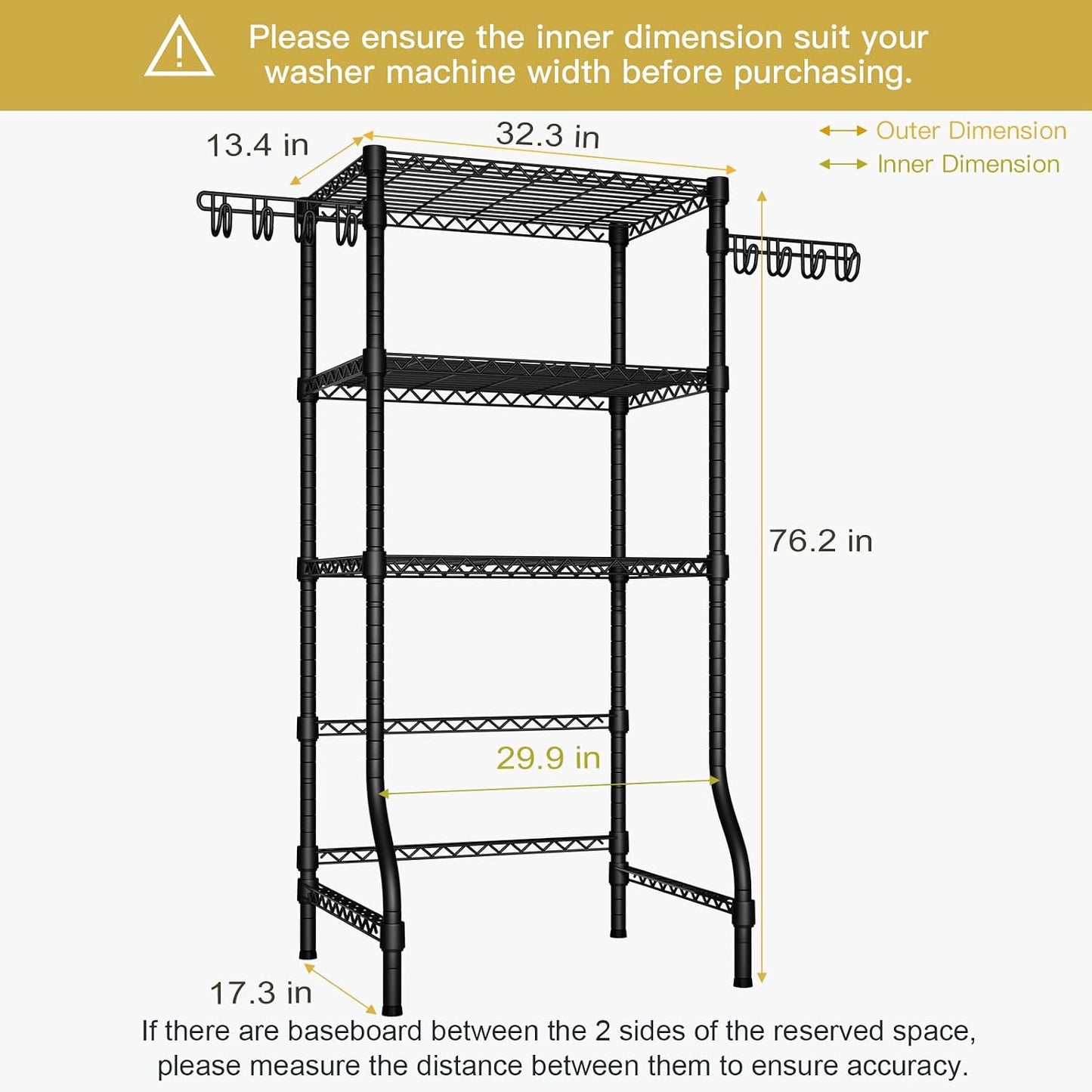 U8 Medium Laundry Room Storage Organizer, Over the Washer and Dryer Storage Shelves for Laundry Organization, 32.3”W x 17.3”D x 76.2”H, Suit Washing Machine Width within 29.9”, Hold 304 lb, Black