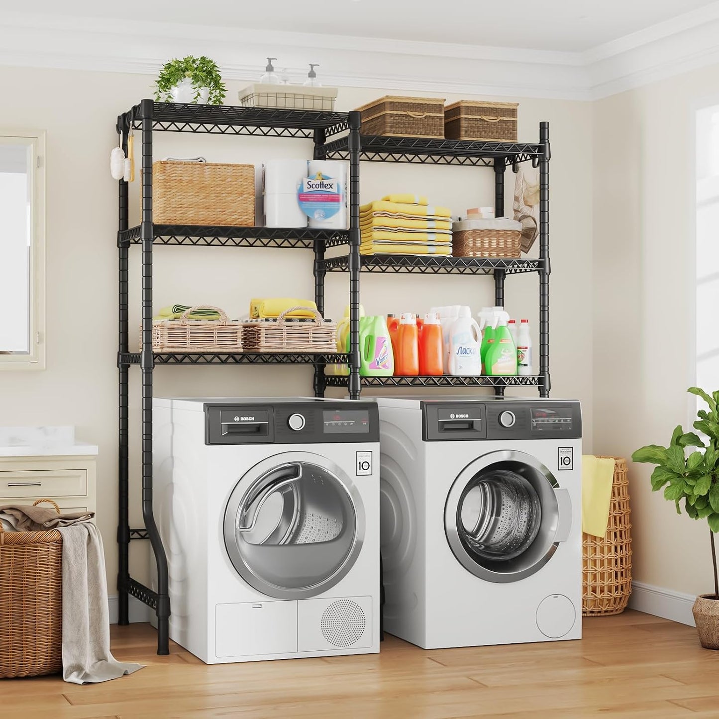 U15 Over Washer and Dryer Storage Shelves, Laundry Room Metal Rack | 6-Tier Shelf Space Saver Holds 568lbs, Above Washer Dryer Storage Rack for Organization, 63.4"W x 17.3"D x 76.4"H, Black