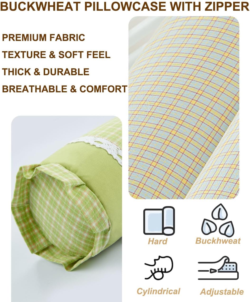 Buckwheat Neck Roll Pillow, Adjustable Bolster Cylinder Pillows with Plaid & Lace Trim Pillowcase, Firm Cervical Support Round Pillows Neck Pain Relief for Sleeping (16"x4",Blue)
