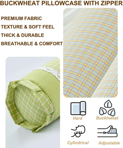 Buckwheat Neck Roll Pillow, Adjustable Bolster Cylinder Pillows with Plaid & Lace Trim Pillowcase, Firm Cervical Support Round Pillows Neck Pain Relief for Sleeping (16"x4",Blue)