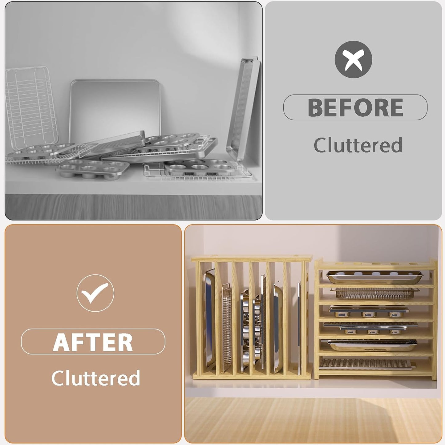 6 Tier Wooden Tray Dividers for Cabinets | Baking Cookie Sheet Organizer, Vertical/Horizontal Cabinet Dividers for Pots, Cutting Board, Kitchen Organizers and Storage