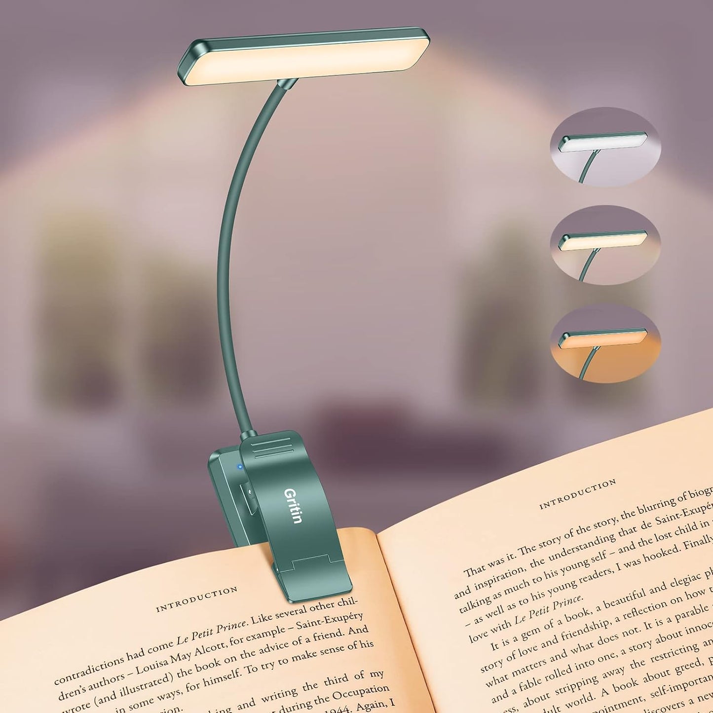 Gritin 19 LED Rechargeable Book Light for Reading in Bed | Eye Caring 3 Color Temps,Stepless Dimming Brightness,Memory Function,90 Hrs Runtime Lightweight Clip on Light for Book Lovers