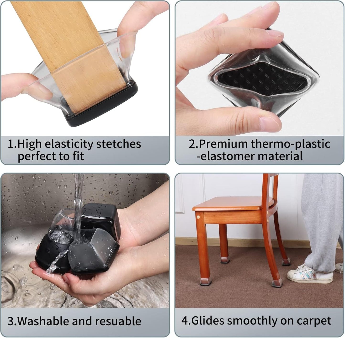Ezprotekt Chair Leg Sliders for Carpet, 24 Pcs Square Chair Glides for Carpet, Carpet Furniture Pads Stool Leg Protectors Caps, Carpet Furniture Glides Quickly and Easily (L Fit:1" - 1.4")