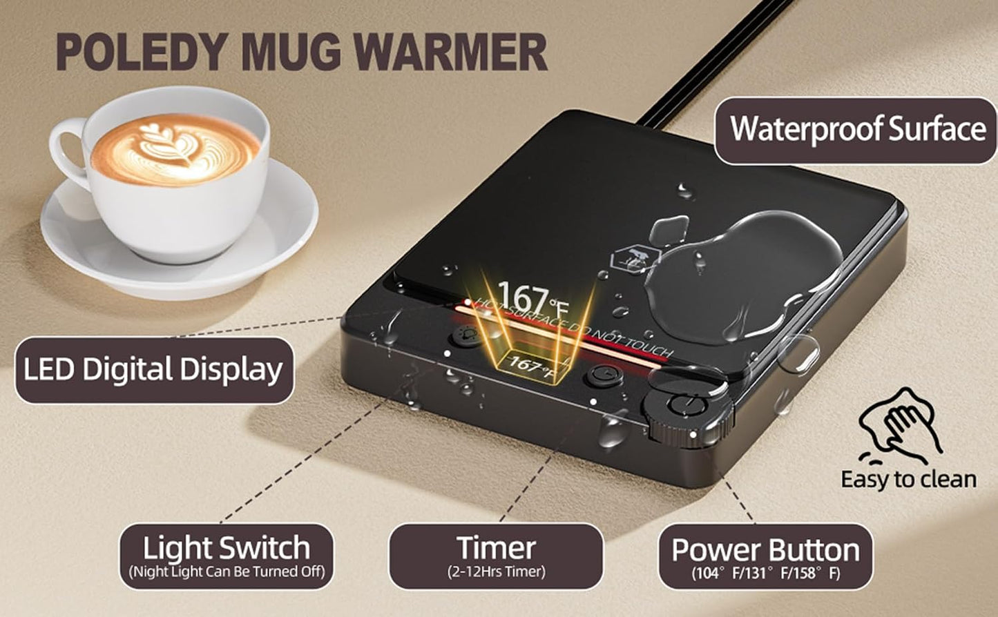 Fast Heating Coffee Mug Warmer,POLEDY Auto Shut Off Cup Warmer, Electric Beverage Warmer for Tea, Milk, Cocoa with 2-12H Timer, 3-Temp Settings Candle Warmer Plate, Black Smart Candle Melter