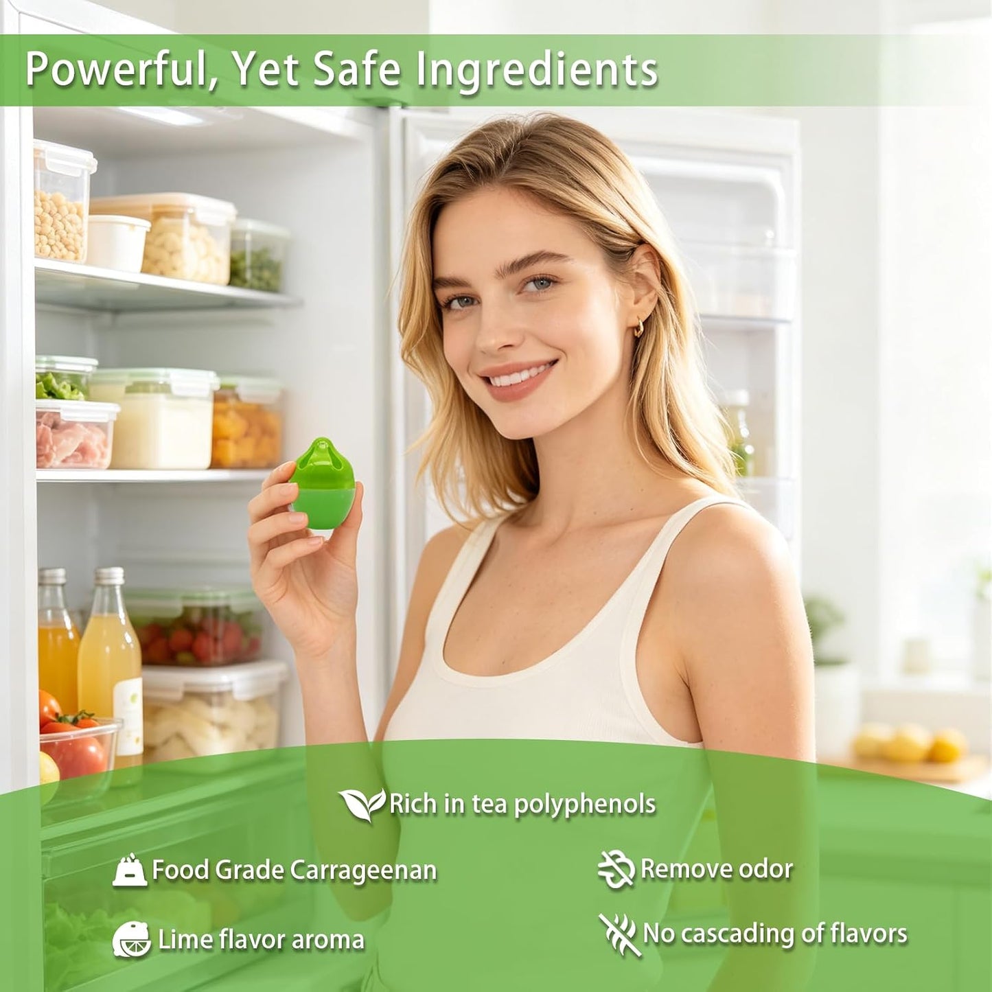 Refrigerator Deodorizer, More Effective Than Baking Soda (4Pcs/Lime Flavor) | Removes stubborn fridge odors, food-grade raw materials with natural tea polyphenol extracts, 45–90 day lifespan
