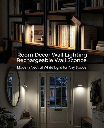 Rechargeable Wall Sconce, Reading Light for Bed, Magnetic Wood Lamp | Set of 2, Black Walnut, Touch Control, Adjustable Brightness, 4000K Nautral Light for Reading, Headboard Light, 360° Rotation