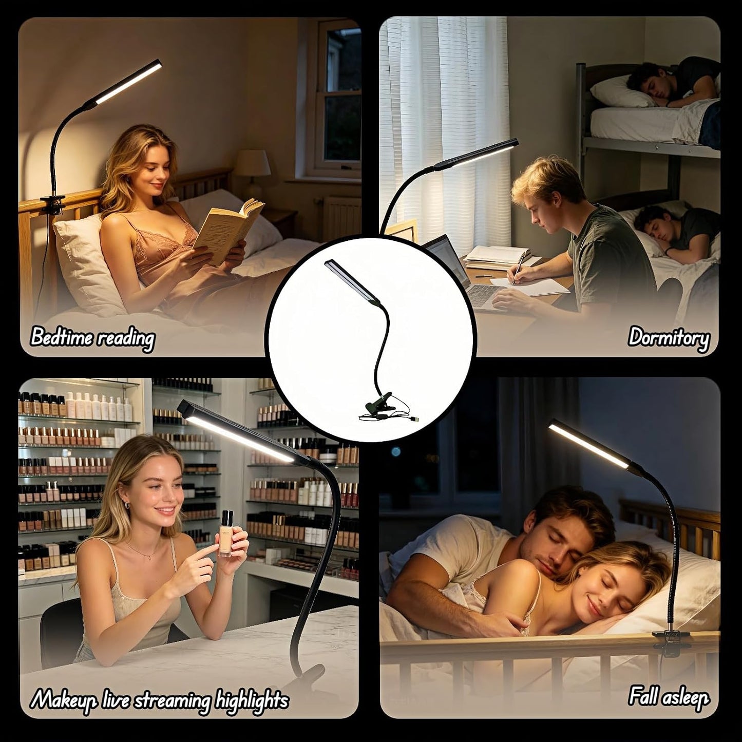 BUBBLE-FLY LED Clip on Reading Light, USB Desk Lamp with 32 LED Eye Protection, 360° Flexible Arm, Dimmable Clamp Light for Bed Headboard Home Office Study 7W Black