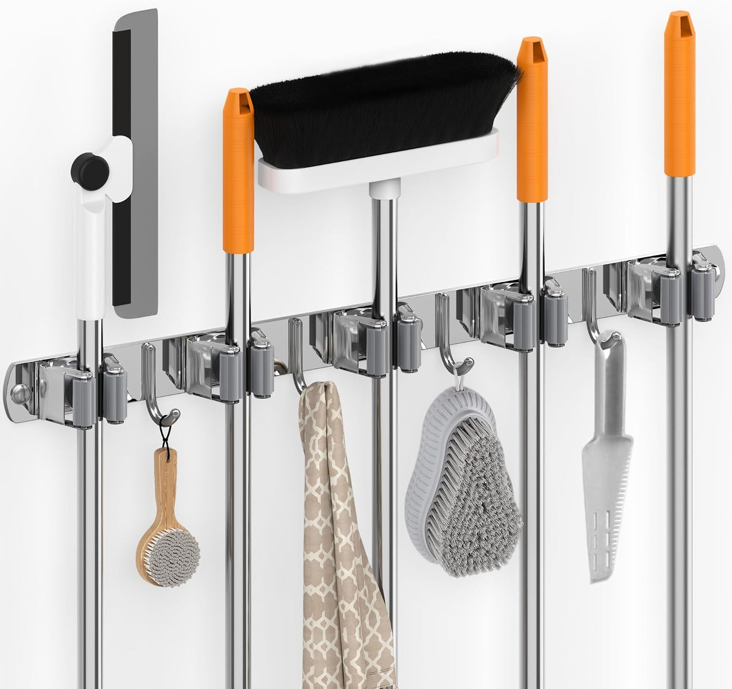 4 Pack Stainless Steel Mop and Broom Holder Wall Mount with Hook, Silver | Screw Drilling or Self Adhesive Storage Rack for Closet Laundry Garage Garden Tool Organizer