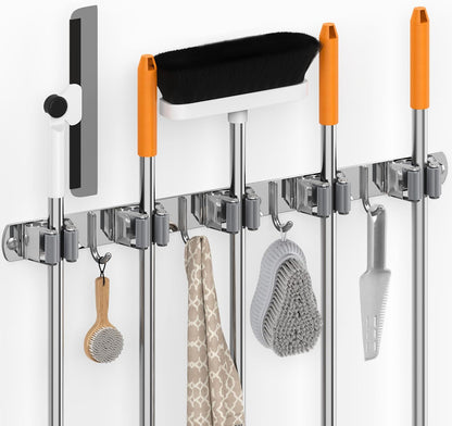 4 Pack Stainless Steel Mop and Broom Holder Wall Mount with Hook, Silver | Screw Drilling or Self Adhesive Storage Rack for Closet Laundry Garage Garden Tool Organizer