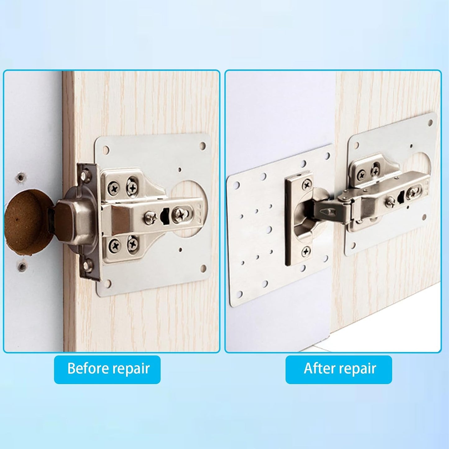 10 Pcs Cabinet Hinge Repair Plate Kit Stainless Steel 3.54" | Hinge Repair Boards for Cupboard, Furniture, Kitchen Doors. Easy Fix. Comes with 60 Screws & Screwdriver.