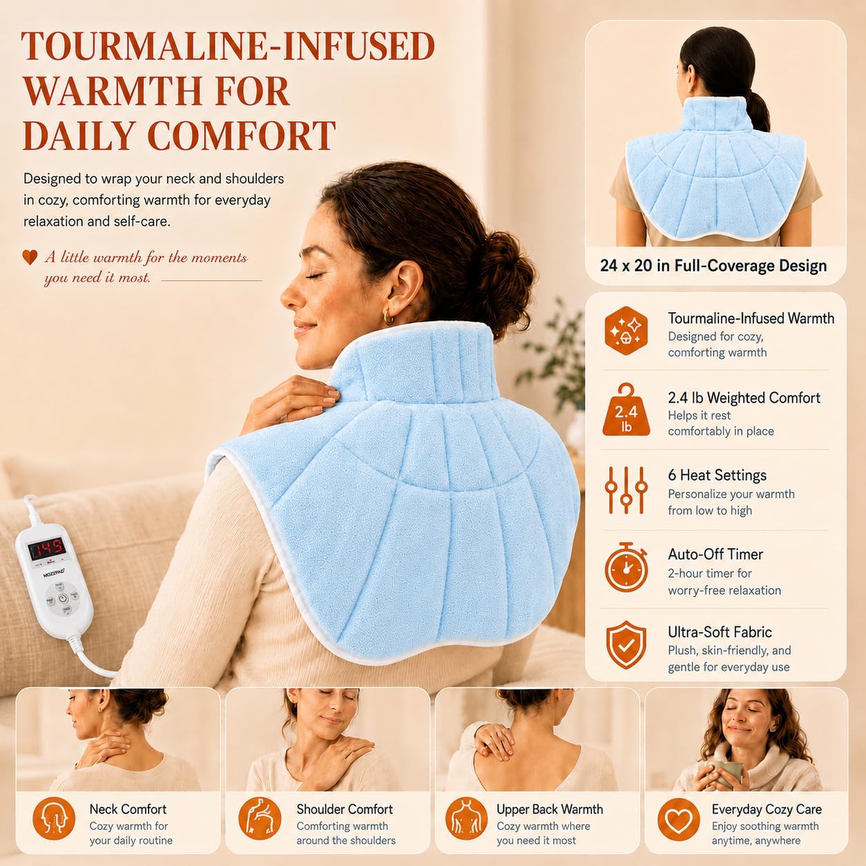 Weighted Heating Pad for Neck and Shoulders and Back, 2.4 lb Neck and Shoulder Heating Pad Wrap, Heated Neck Wrap for Upper Back, Tourmaline-Infused Fill, Auto Shut Off, Machine Washable Gift Set