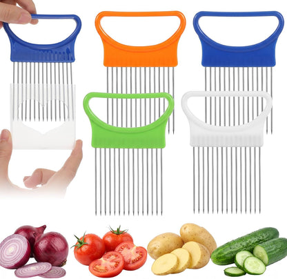 4Pcs Onion Slicer Holder, Onion Slicing Holder Cutter Tool | Stainless Steel Veg Cutter with Cover, Food Slicer Assistant Tool for Tomato Lemon Avocados Vegetables Fruit
