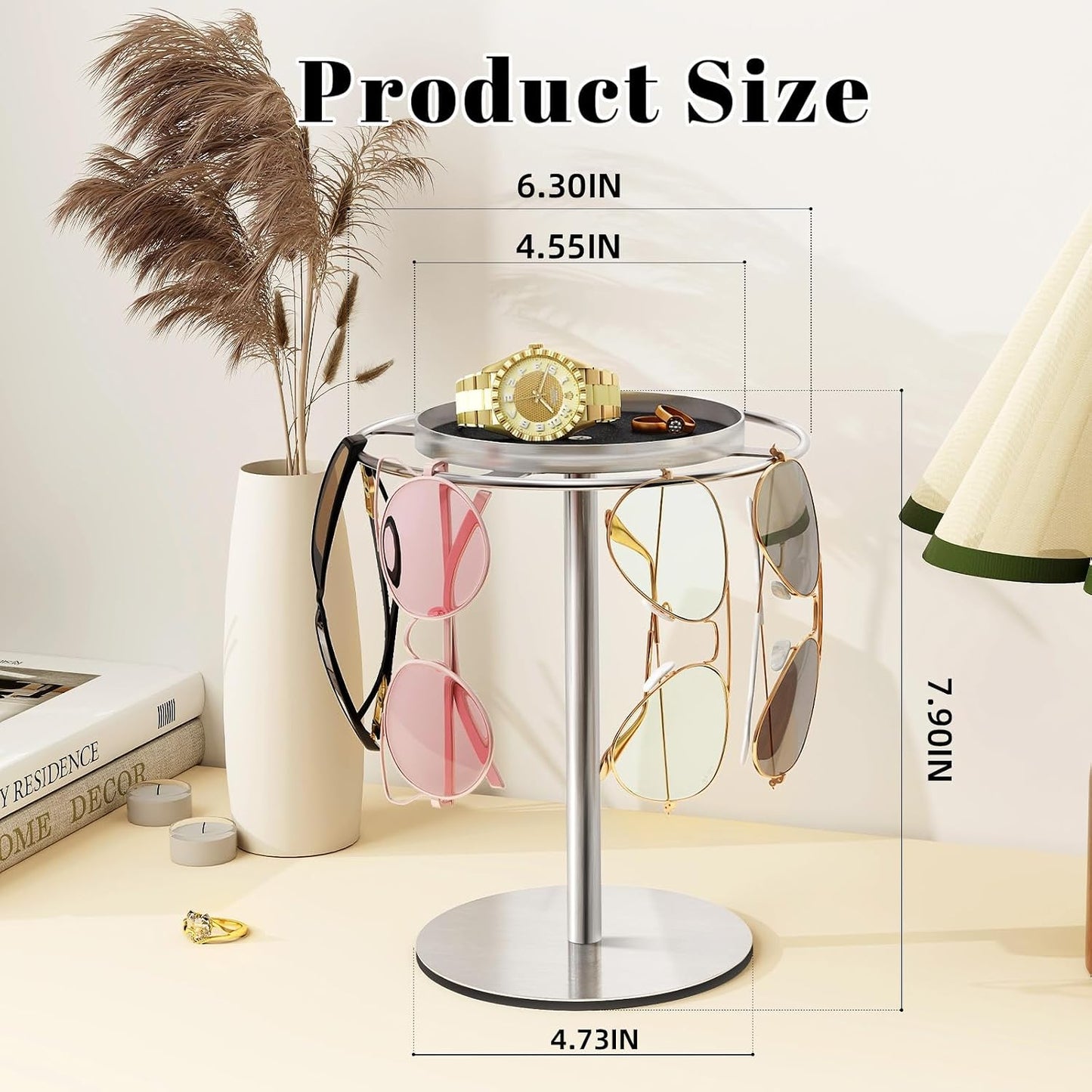 LSK Metal Sunglasses Organizer, Glasses Holder Stand with Storage Tray | Eyeglasses Holder with Anti-Slip Pads for Tabletop, Desk, Dresser, Matte Black