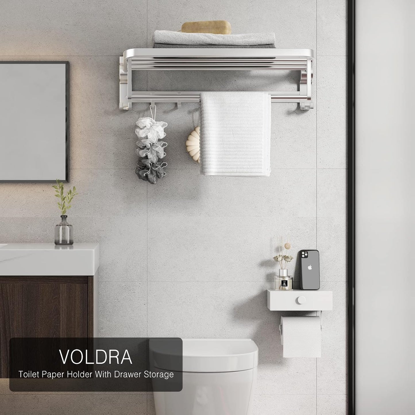 VOLDRA Toilet Paper Holder with Shelf Black Wipes Dispenser for Bathroom Toilet Paper Holder with Storage Upgrade Drawer Design Toilet Tissue Holder Adhesive Small Bathroom Shelf Wall Mount