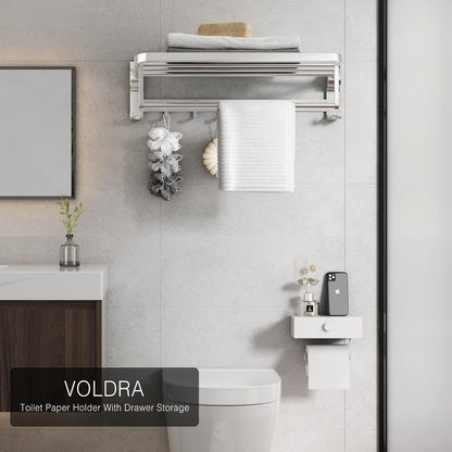 VOLDRA Toilet Paper Holder with Shelf Black Wipes Dispenser for Bathroom Toilet Paper Holder with Storage Upgrade Drawer Design Toilet Tissue Holder Adhesive Small Bathroom Shelf Wall Mount