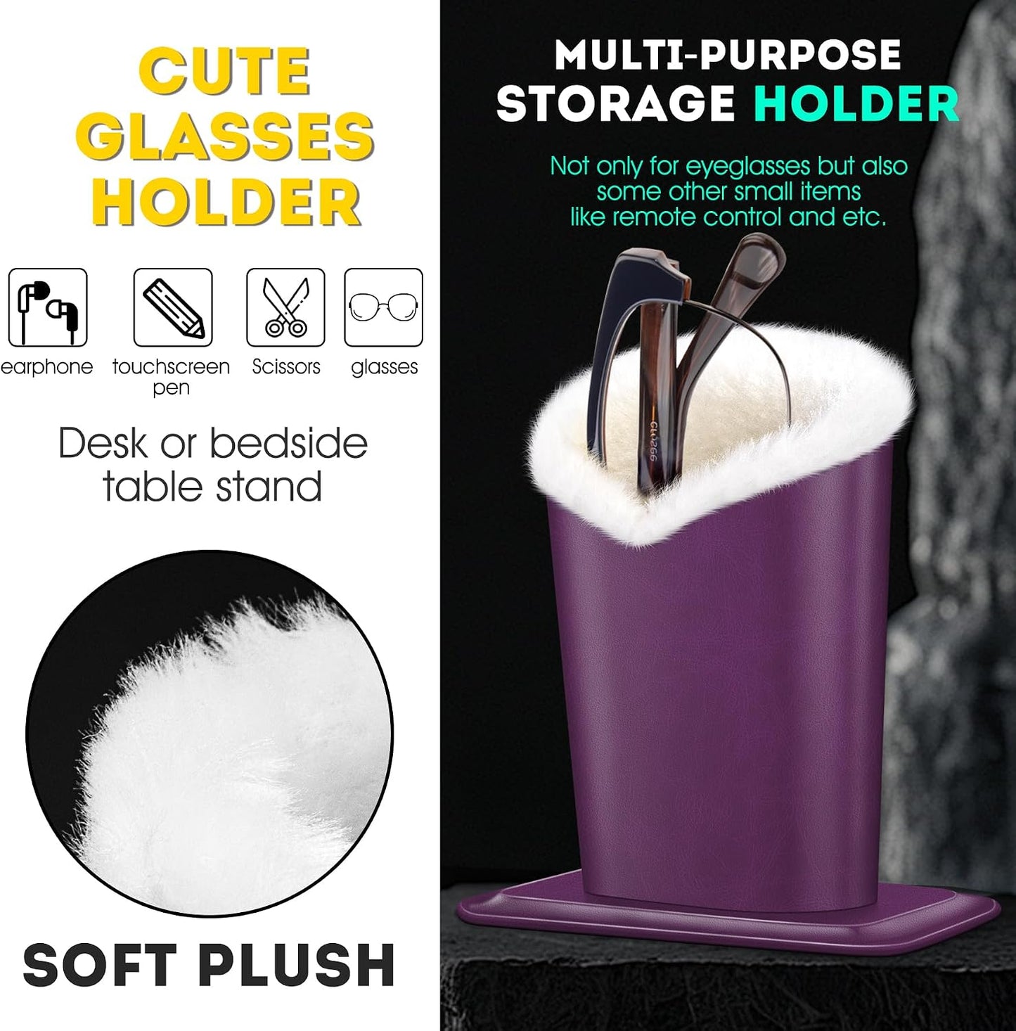 Plush Lined Eyeglasses Holder, PU Leather Glasses Stand Case