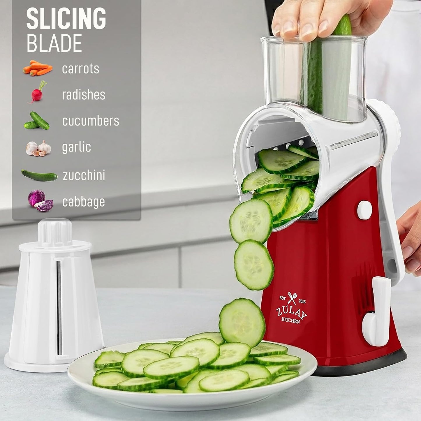 Zulay Kitchen Rotary Cheese Grater 5 Blade Cheese Shredder - Manual Hand Crank Cheese Grater With Reinforced Suction & 5 Interchangeable Drums - Easy to Use, Vegetable Chopper Round Mandoline Slicer - Colors A
