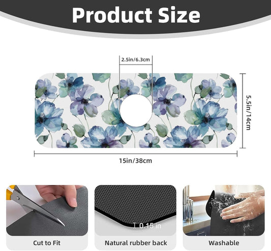 Abstract Flower Blooming Floral Watercolor Kitchen Sink Splash Guard Faucet Mat Super Absorbent Fast Drying Mat Sink Gadgets-Fast Drying Pad Sink Mat For Kitchen Bathroom (15" X 5.5" )