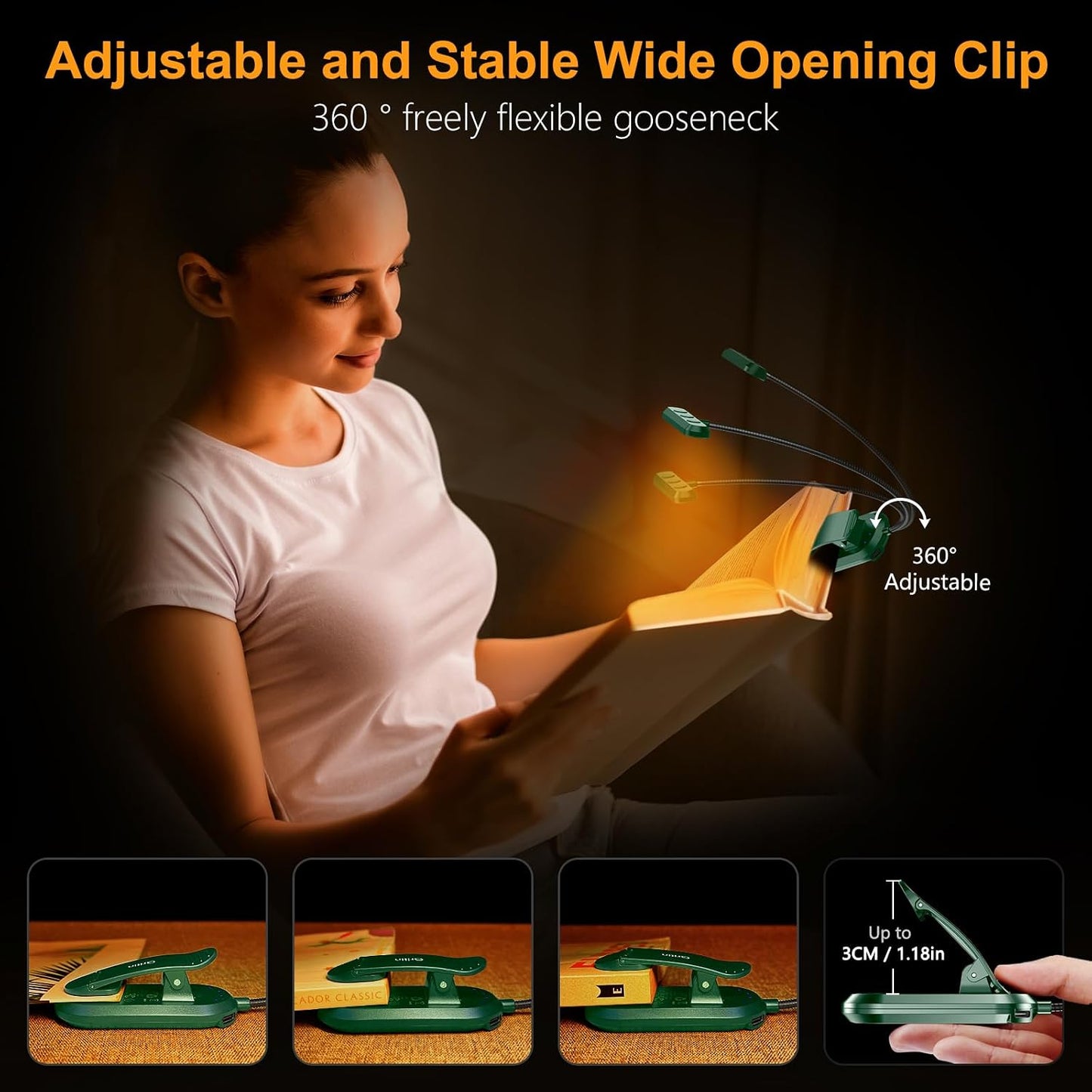 Gritin Rechargeable Book Light for Reading in Bed with 19 LED | Eye Caring 3 Color Temps,5 Brightness Levels,Memory Function,90 Hrs Runtime Flexible Goose Neck Clip on Light for Book Lovers