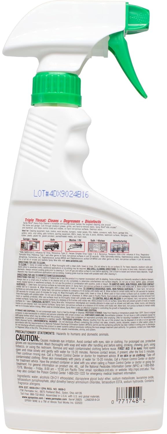 Spray Nine 26832 Heavy Duty Cleaner, Degreaser & Disinfectant for Kitchens, Bathrooms, Yard Equipment, Automotive & Industrial 32 Fl Oz. (Pack of 1)