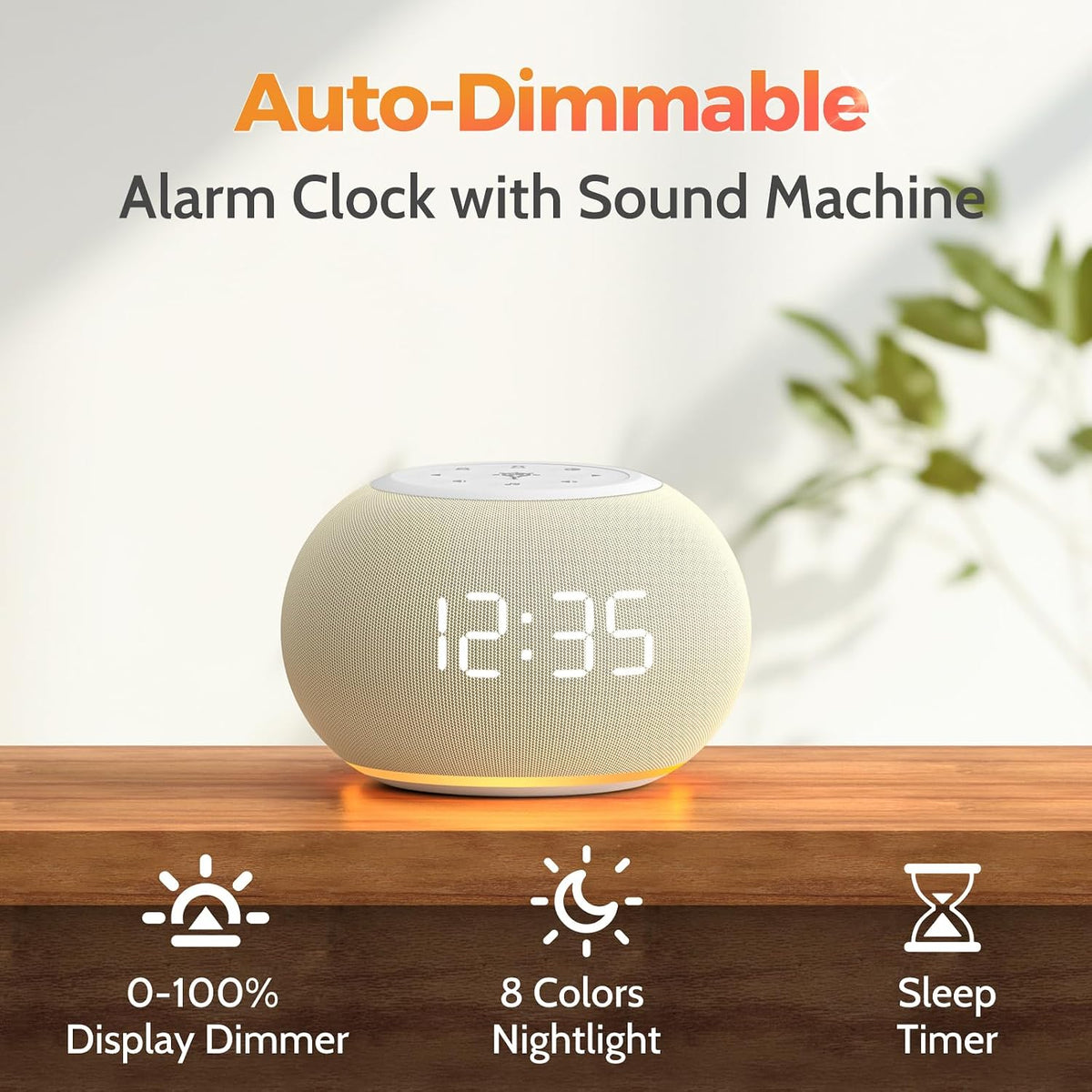 REACHER Auto Dimmable Sound Machine Alarm Clock with Night Light for Girls