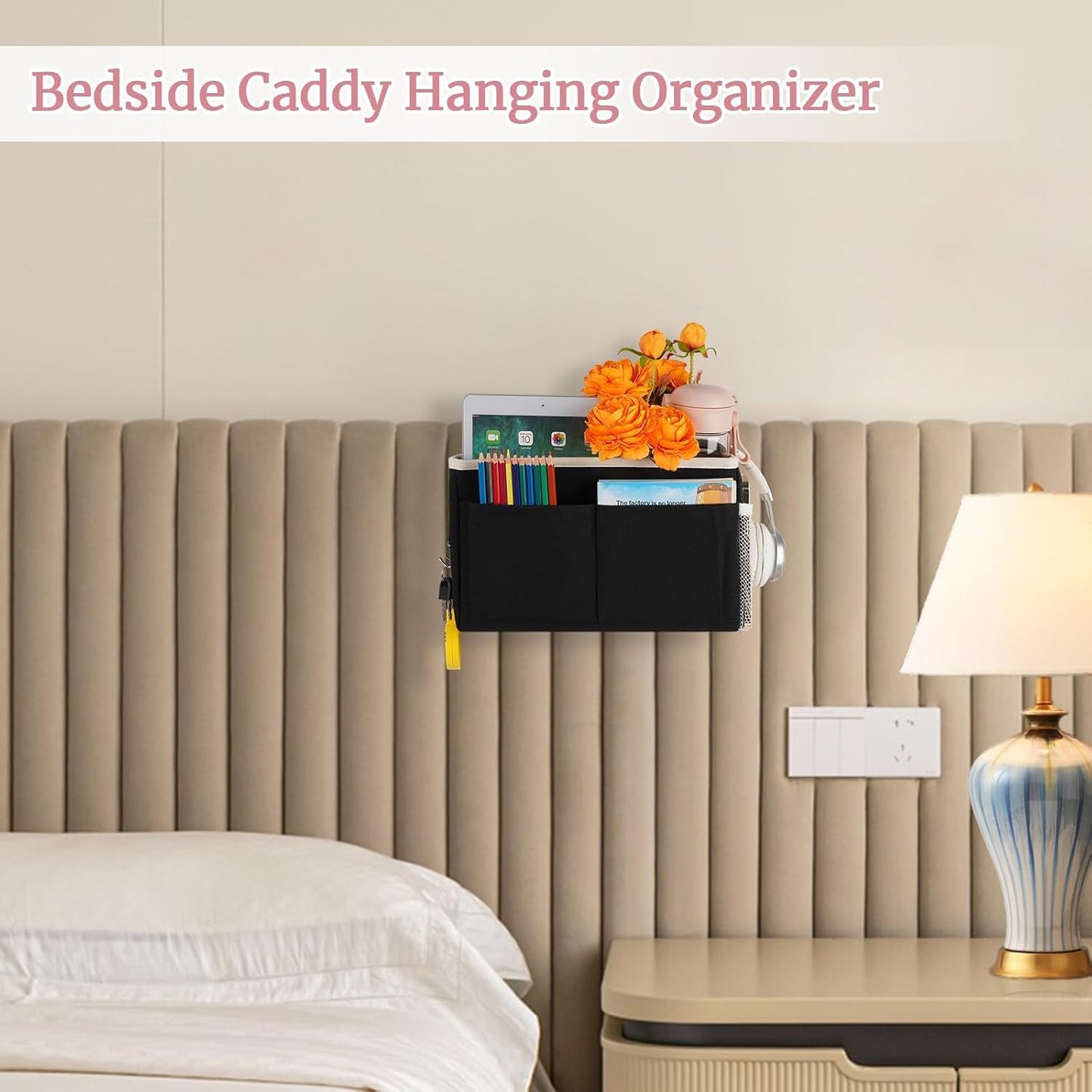 Bedside Caddy Bedside Hanging Storage Basket Bed Caddy for Headboards Bunk Dorm Rooms Crib Beds Rails Organizer (Grey)