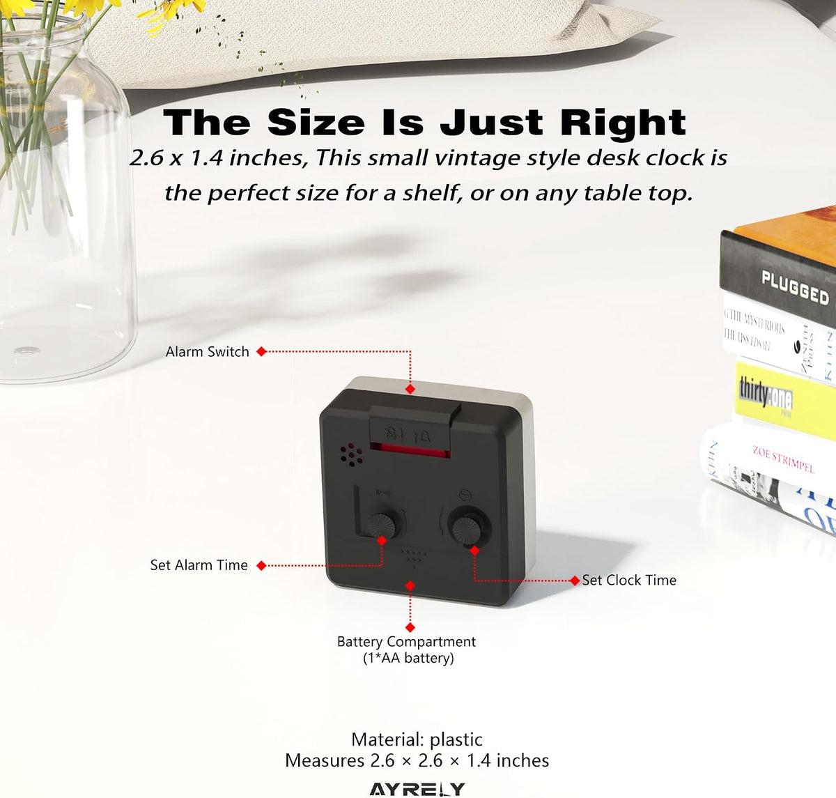 AYRELY® 2.6" × 1.4" Ultra Small Battery Operated Analog Travel Alarm Clock