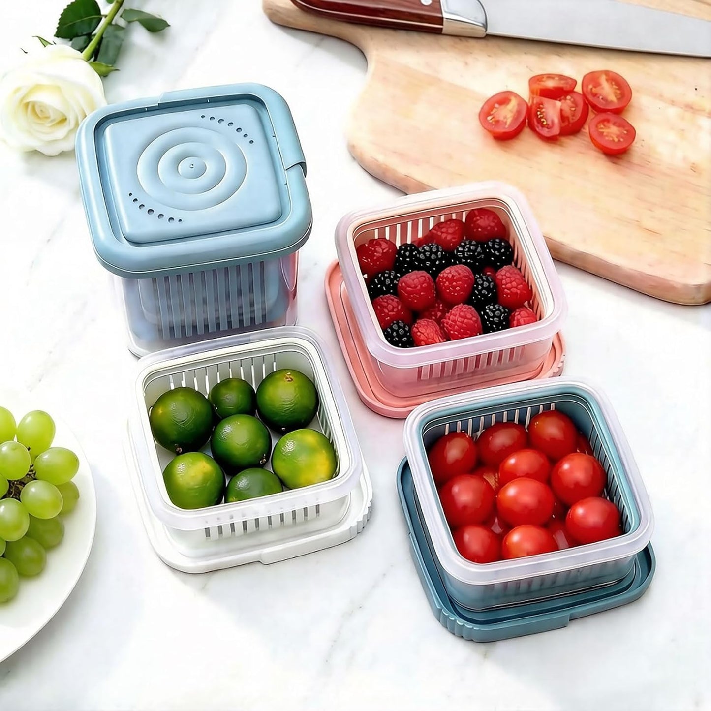 Fruit Storage Containers for Fridge with Removable Colander, Airtight Food Storage Container, Dishwasher Safe Produce Saver for Refrigerator, Keep Berry Fruit Fresh Longer 3 pcs Small Clear