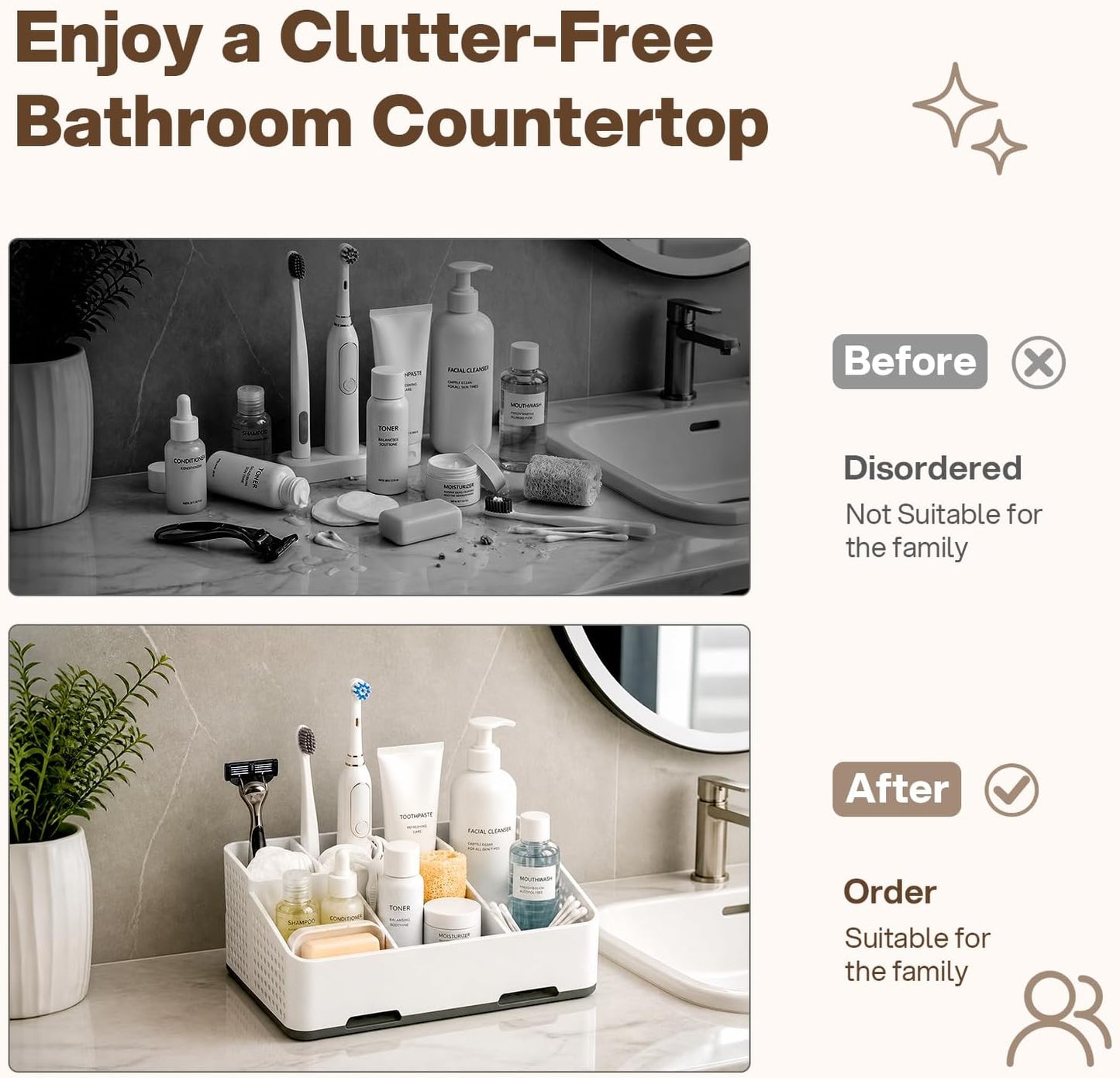 Cleangor Countertop Bathroom Organizer, Toothbrush Holder with Drainage | Vents, Cord Hole for Multi-grid Electric Toothbrush Charger, Family Bathroom Use