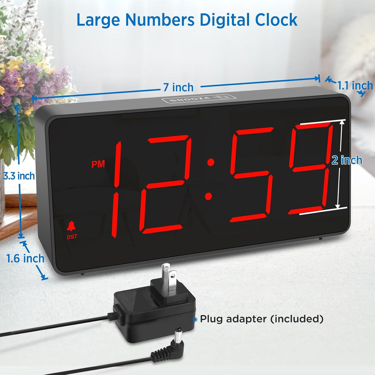 Peakeep Digital Alarm Clock for Bedroom Bedside, Large Display, USB Charger