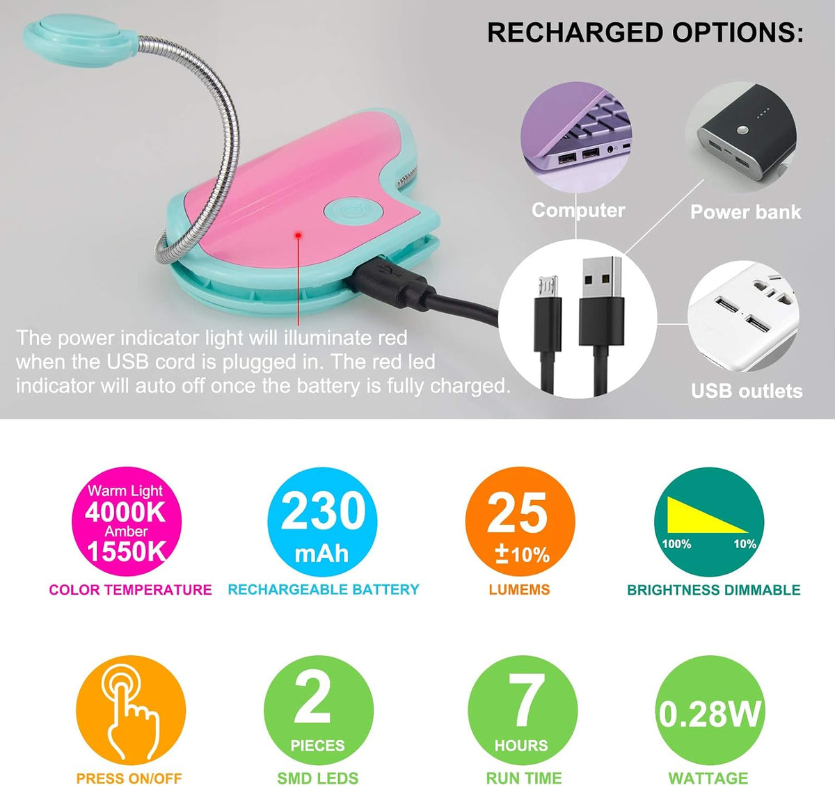 BIGMONAT Rechargeable Reading Light for Kids,Small Amber Book Reading Lights,Multi Colors Portable LED Reading Lamp with 360° Rotary Light Neck,Wireless Clip Reading Lighting for Books (Green)
