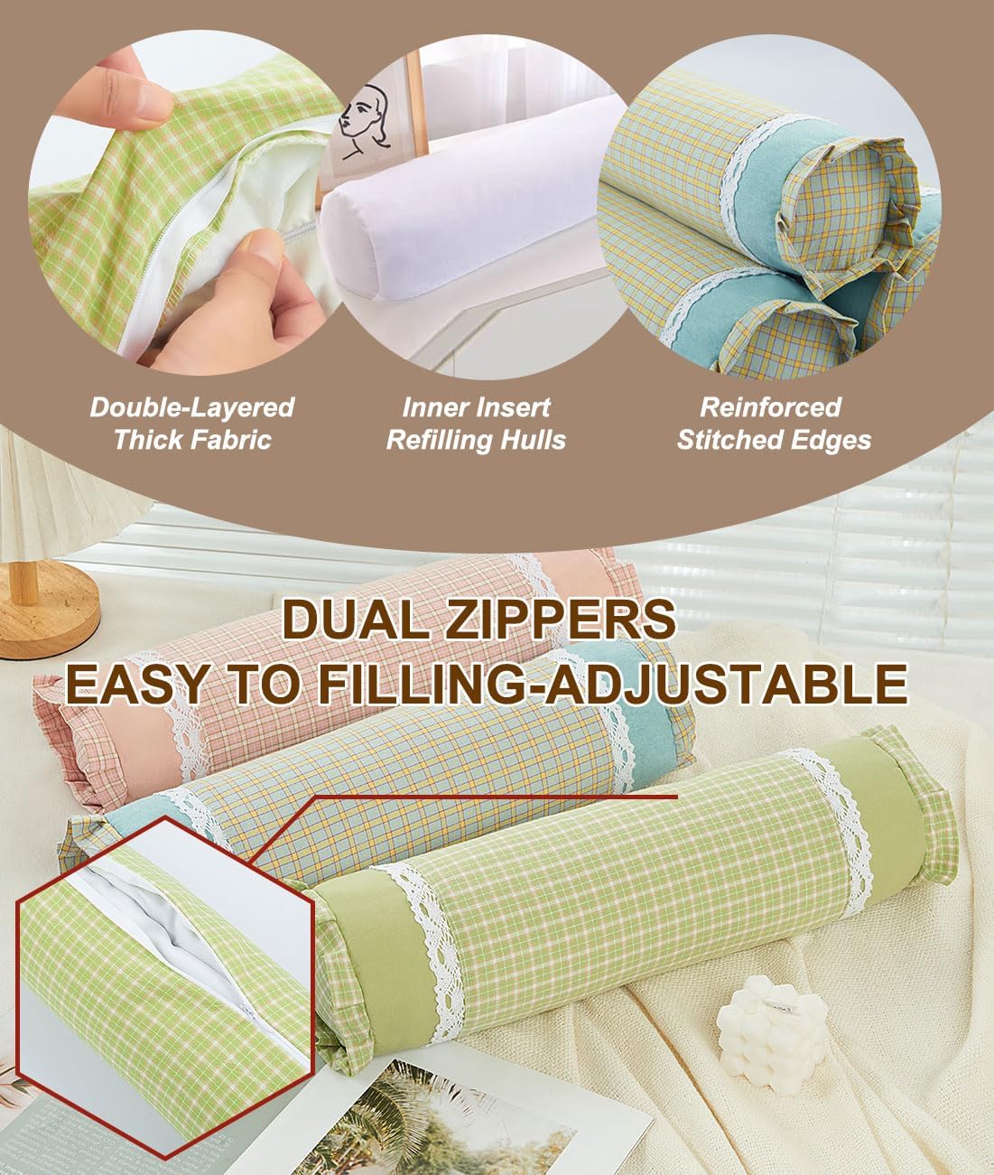 Buckwheat Neck Roll Pillow, Adjustable Bolster Cylinder Pillows with Plaid & Lace Trim Pillowcase, Firm Cervical Support Round Pillows Neck Pain Relief for Sleeping (16"x4",Blue)