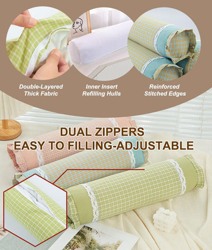 Buckwheat Neck Roll Pillow, Adjustable Bolster Cylinder Pillows with Plaid & Lace Trim Pillowcase, Firm Cervical Support Round Pillows Neck Pain Relief for Sleeping (16"x4",Blue)