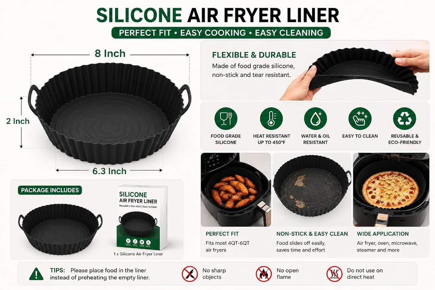 Reusable Silicone Air Fryer Liner, Non-Stick Basket Liner, BPA Free Food Grade Silicone, Dishwasher Safe, Heat Resistant up to 450°F, Fits Most Air Fryers, 8 Inch, Black